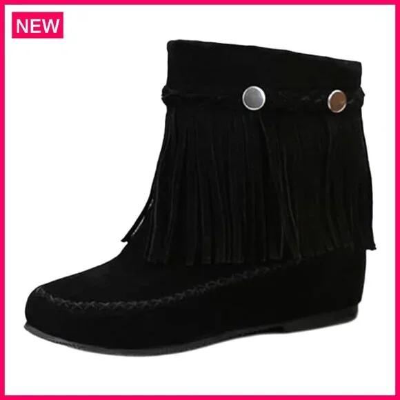 Suede Tassel Ankle Boots Hidden Wedge Heel Western Booties Slip On
